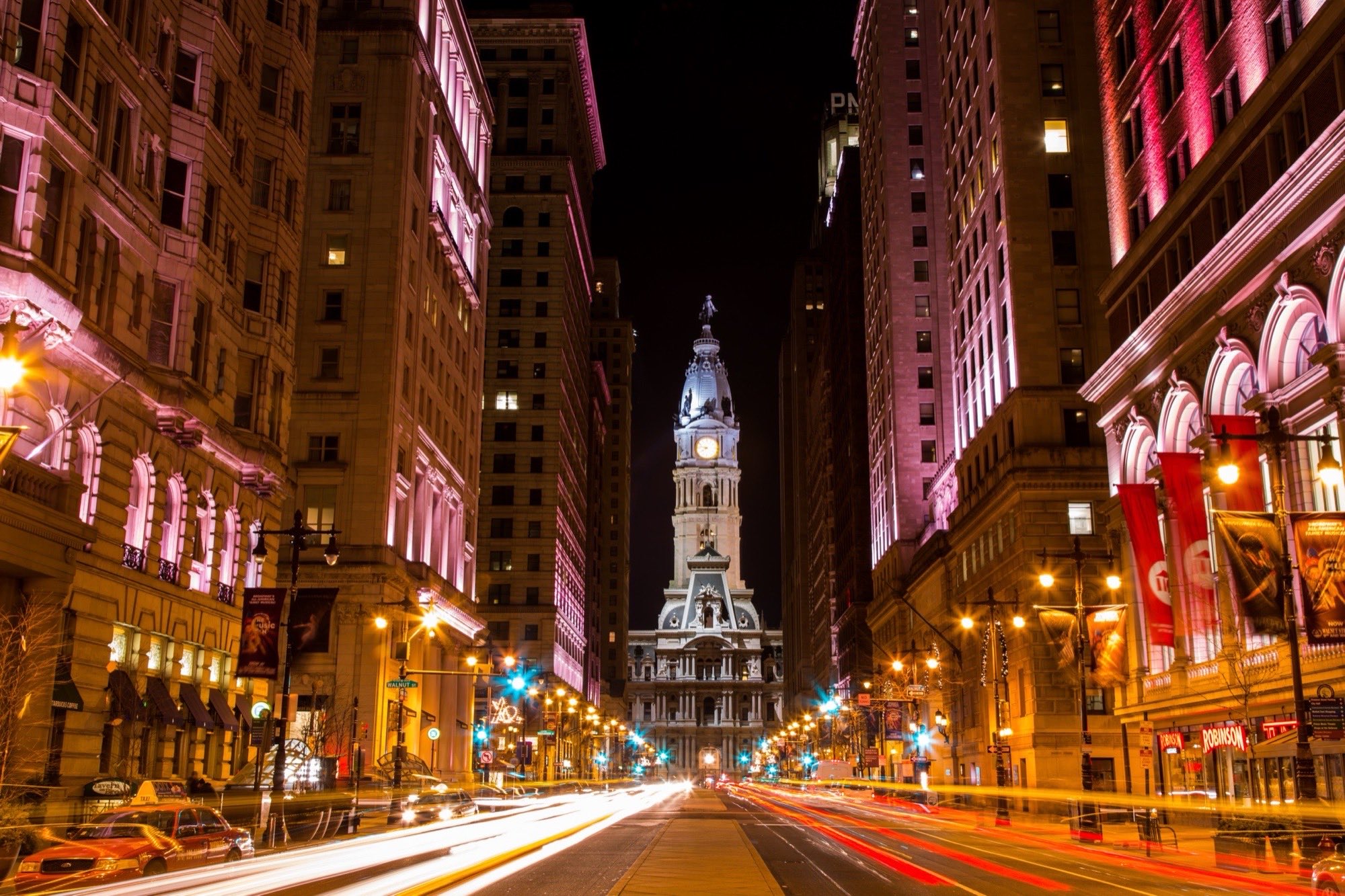 South Broad Street at night, looking toward Philadelphia City Hall